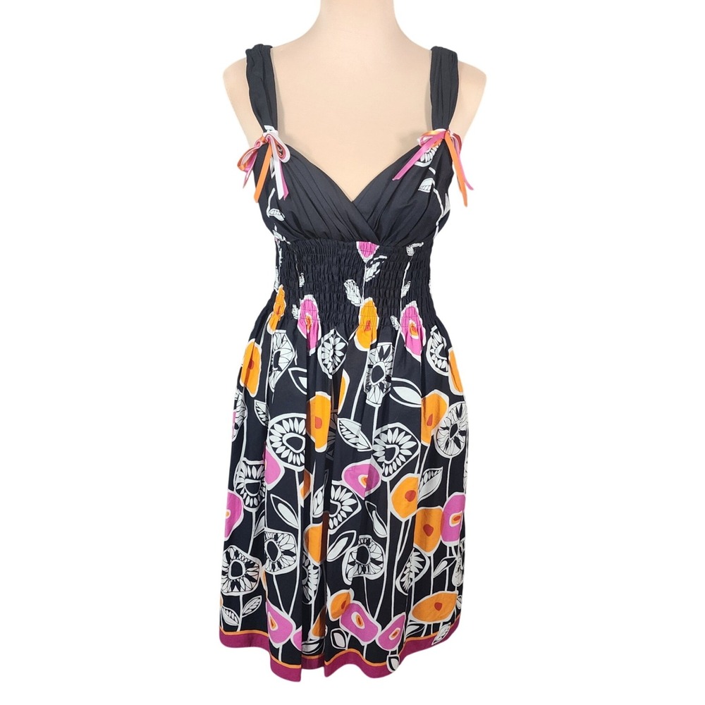 OC by OC Graphic Floral Smocked Waist Sun Dress Sz 2 Black Pink Orange Resort